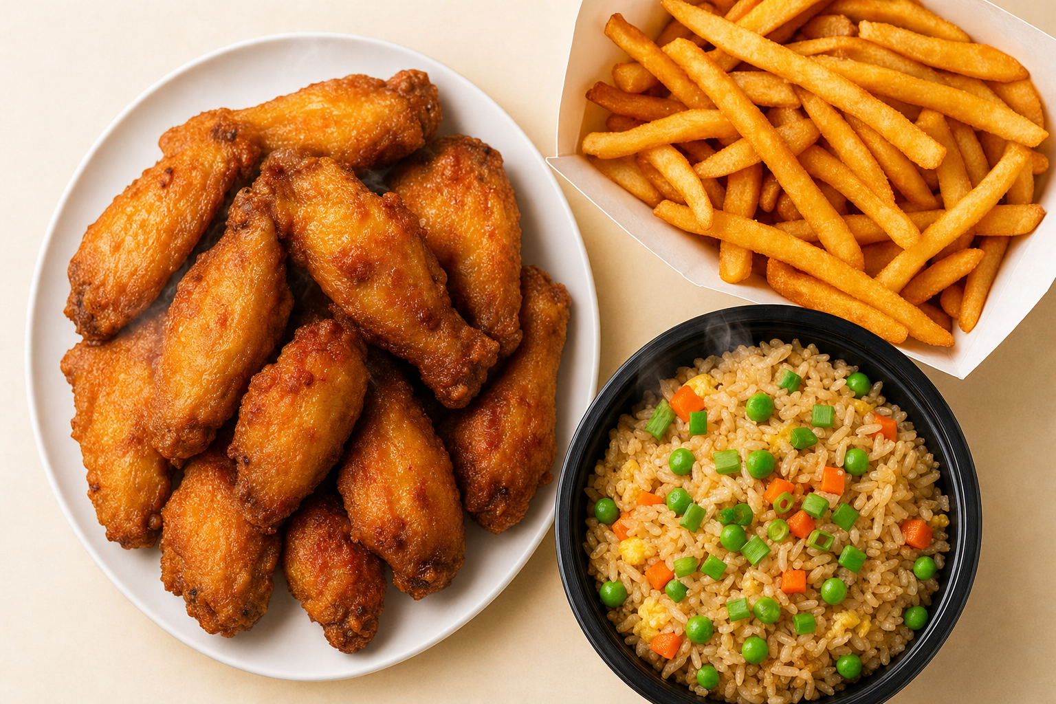 Chicken Wings,Fries & Fried Rice